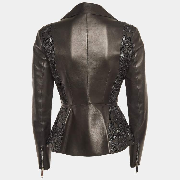Pre Owned Christian Dior Black Embroidered Leather Cut-Out Jacket S