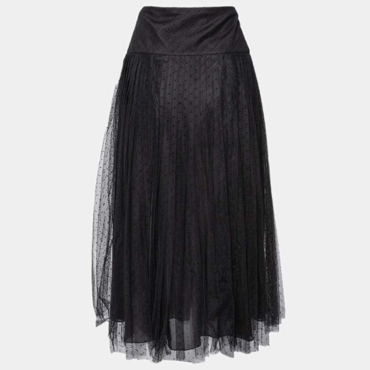 Pre Owned Christian Dior Black Flocked Tulle Midi Skirt L
