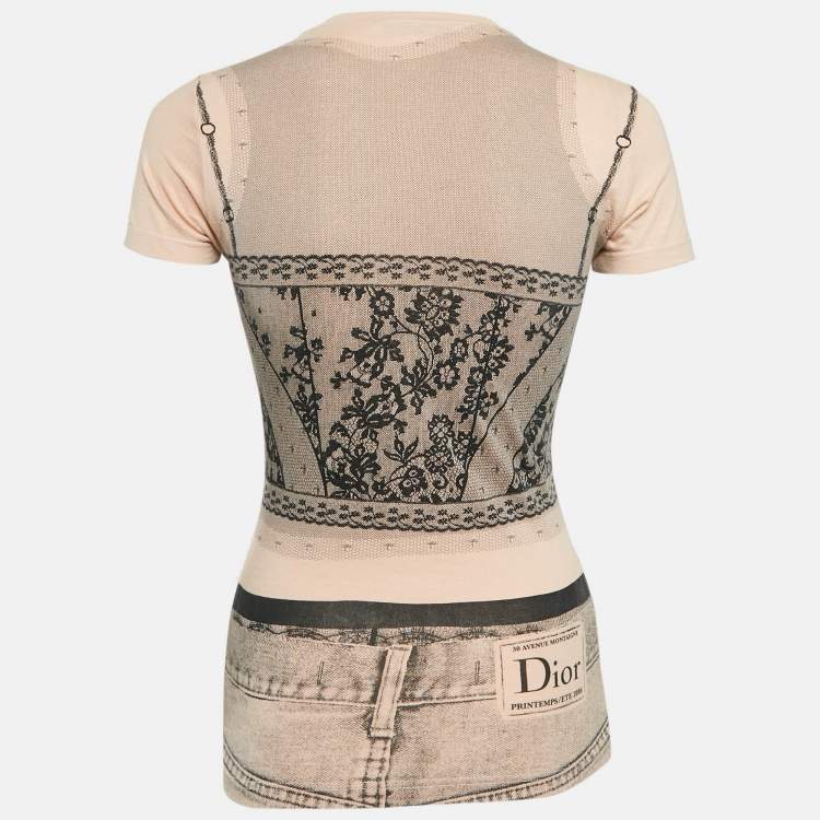 Pre Owned Christian Dior Boutique Peachy Beige Trompe l'oeil Print Cotton T-Shirt S