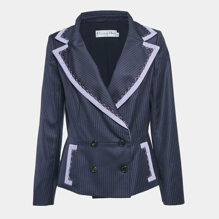 Pre Owned Christian Dior Navy Blue Pinstripe Wool Double Breasted Blazer L