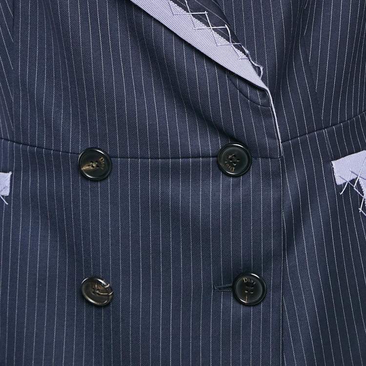 Pre Owned Christian Dior Navy Blue Pinstripe Wool Double Breasted Blazer L
