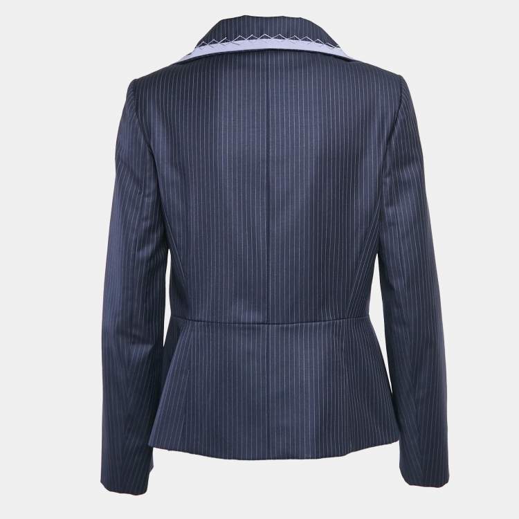 Pre Owned Christian Dior Navy Blue Pinstripe Wool Double Breasted Blazer L
