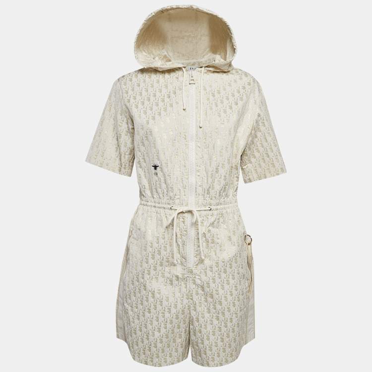 Pre Owned Christian Dior Off White Lame Hooded Playsuit L