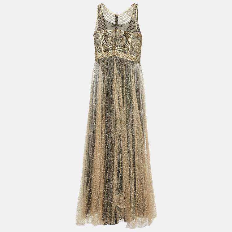 Pre Owned Dior Gold Embroidered Lace & Tulle Sleeveless Maxi Dress L
