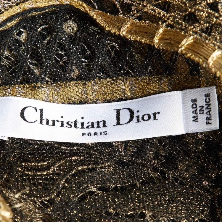 Pre Owned Dior Gold Embroidered Lace & Tulle Sleeveless Maxi Dress L