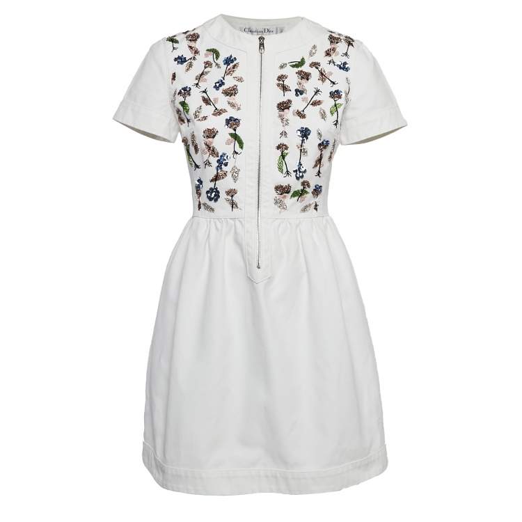 مملوكة مسبقًا Christian Dior White Floral Beaded Cotton Mini Dress M
