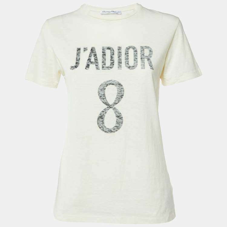 Pre Owned Dior Cream J'Adior 8 Print Cotton & Linen Crew Neck T-Shirt XS 