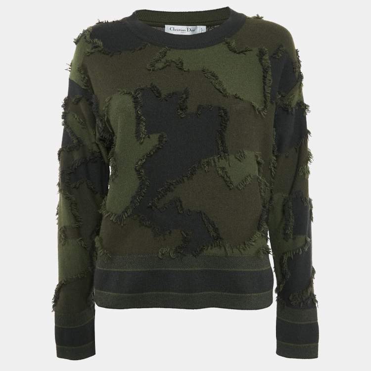 Pre Owned Christian Dior Green Camouflage Fil-Coupe Cashmere Sweatshirt S