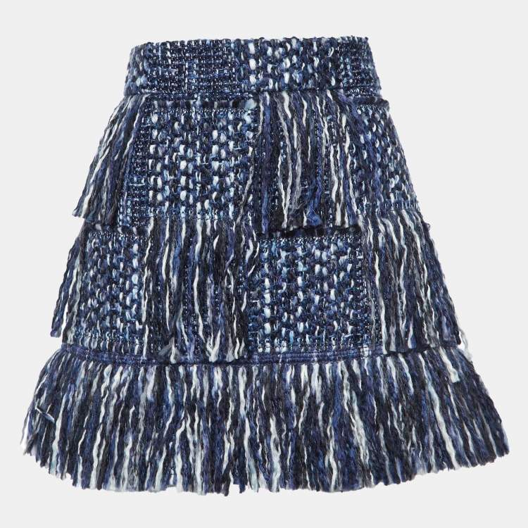 Pre Owned Dior Blue Tweed Fringed Mini Skirt M