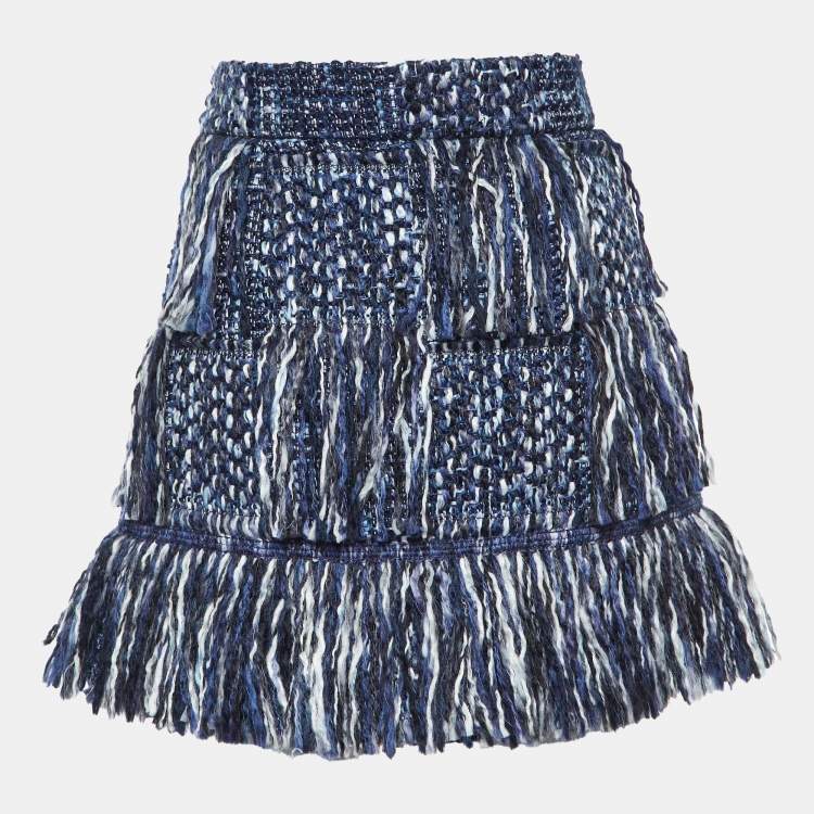 Pre Owned Dior Blue Tweed Fringed Mini Skirt M
