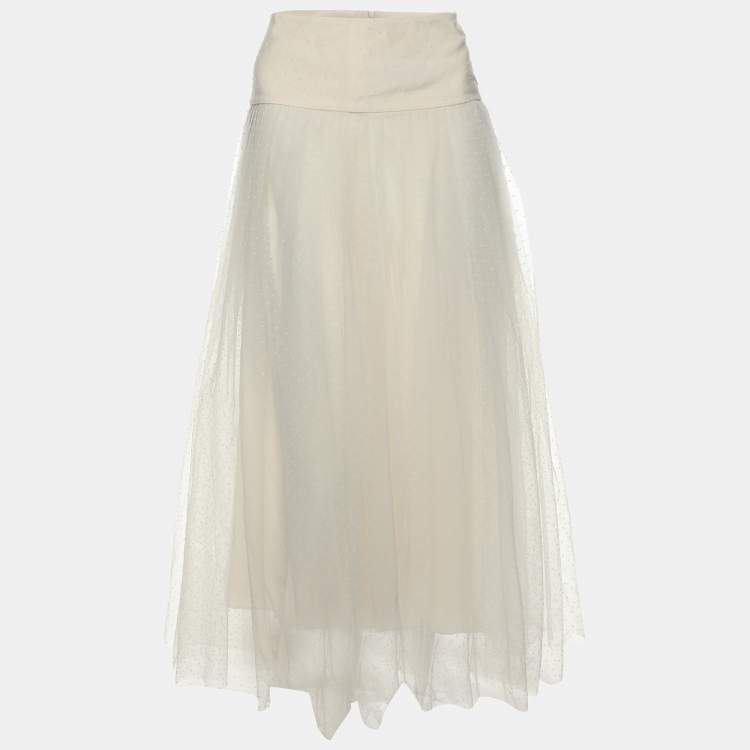 Pre Owned Dior Cream Textured Tulle Overlay Gathered Midi Skirt S
