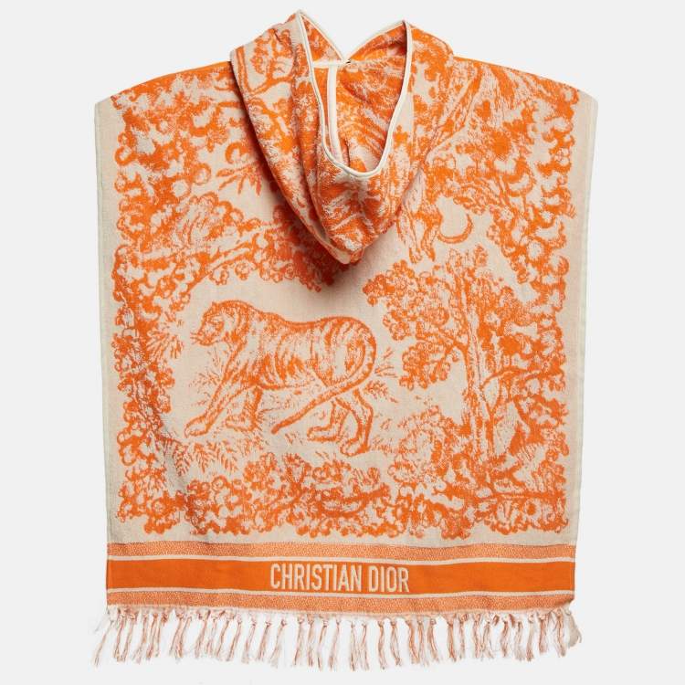 Pre Owned Dior White/Orange Toile de Jouy Terry Cotton Hooded Poncho One-Size