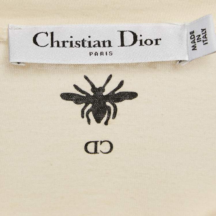 Pre Owned Dior Cream Printed Cotton and Linen Crew Neck T-Shirt L