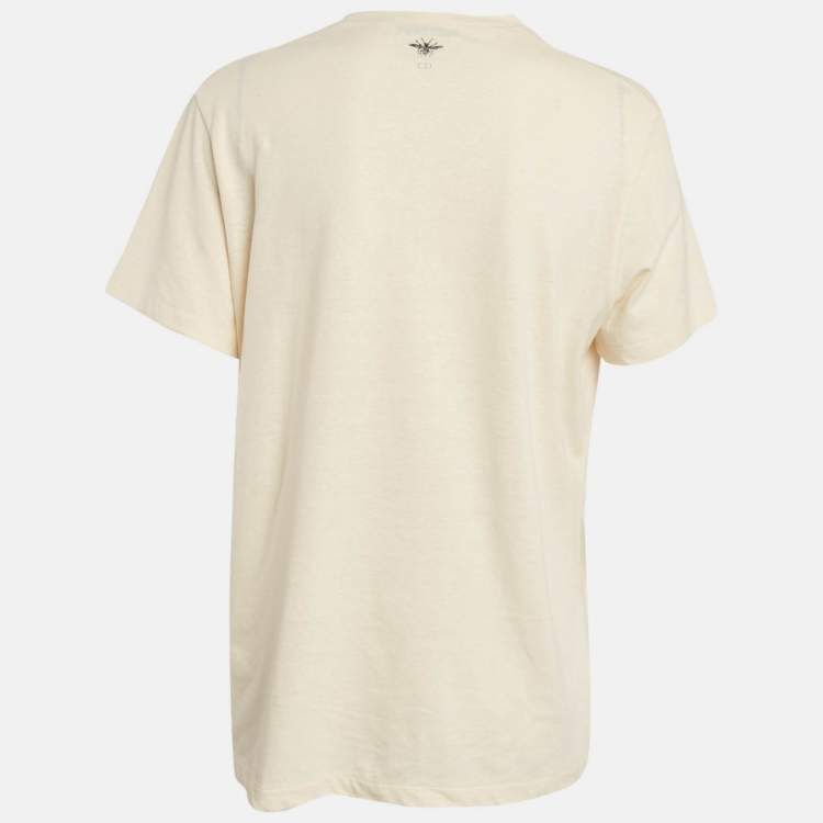 Pre Owned Dior Cream Printed Cotton and Linen Crew Neck T-Shirt L