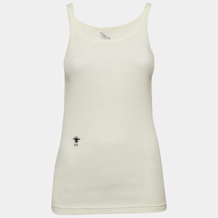 Pre Owned Christian Dior Cream Logo Embroidered Rib Knit Tank Top S