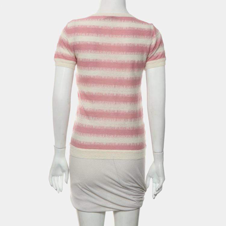Pre Owned Dior Pink/Cream Striped Bee Embroidered T-Shirt IT 38