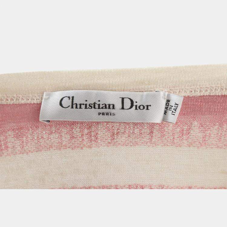 Pre Owned Dior Pink/Cream Striped Bee Embroidered T-Shirt IT 38