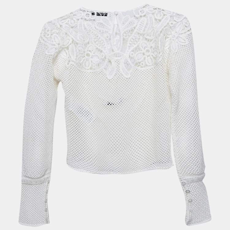 Pre Owned Christian Dior White Cotton Crochet Long Sleeve Top L