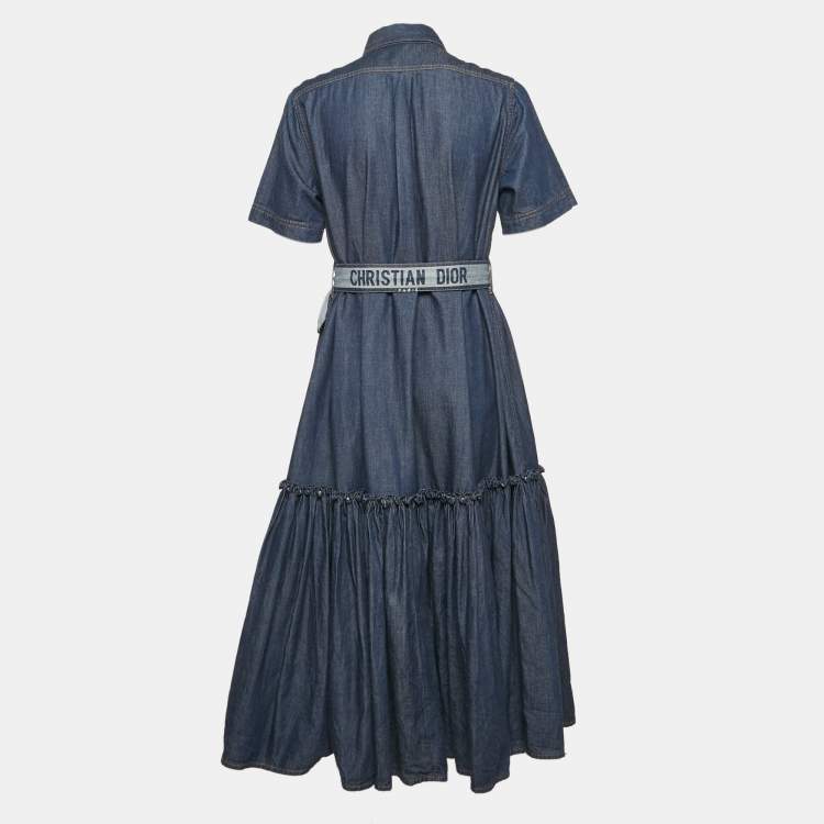 Pre Owned Christian Dior Blue Denim Belted Flounce Midi Dress M