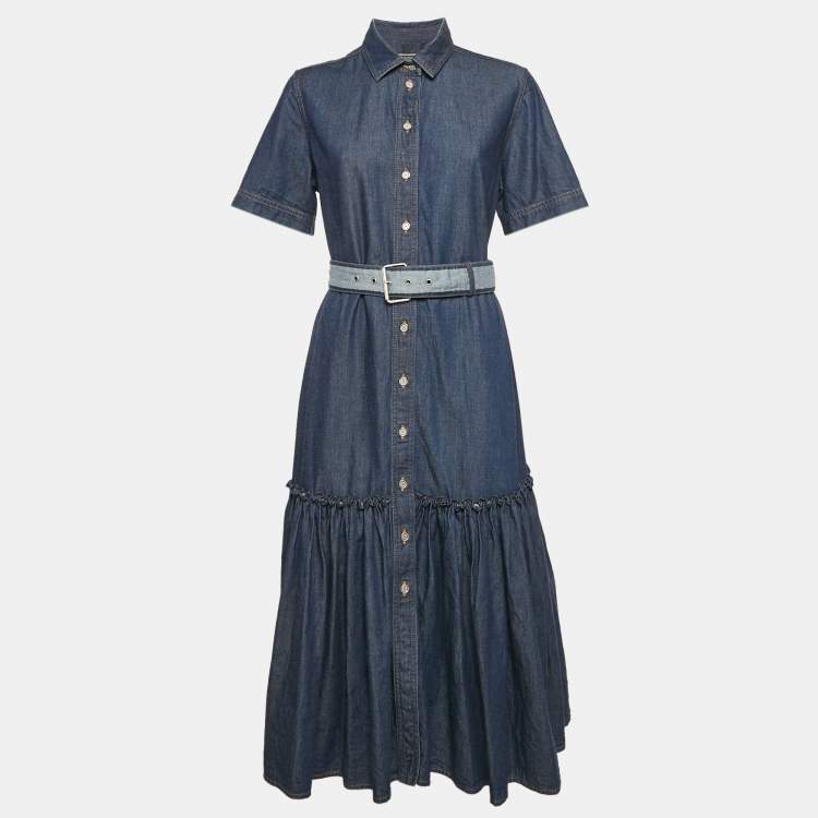 Pre Owned Christian Dior Blue Denim Belted Flounce Midi Dress M