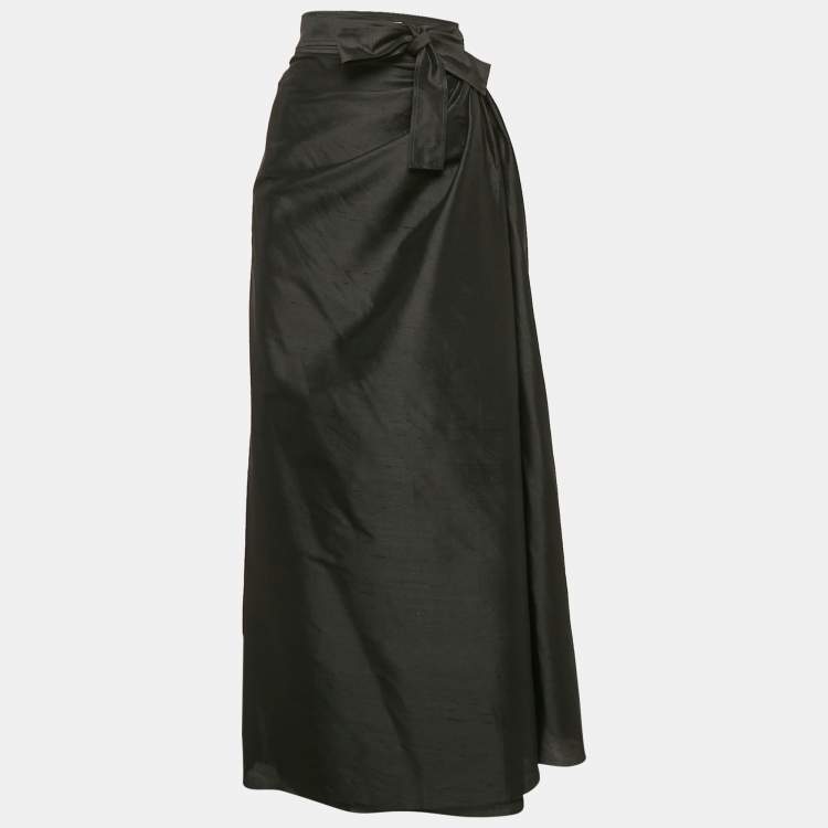 Pre Owned Christian Dior Black Dupion Silk Pleated Maxi Wrap Skirt L