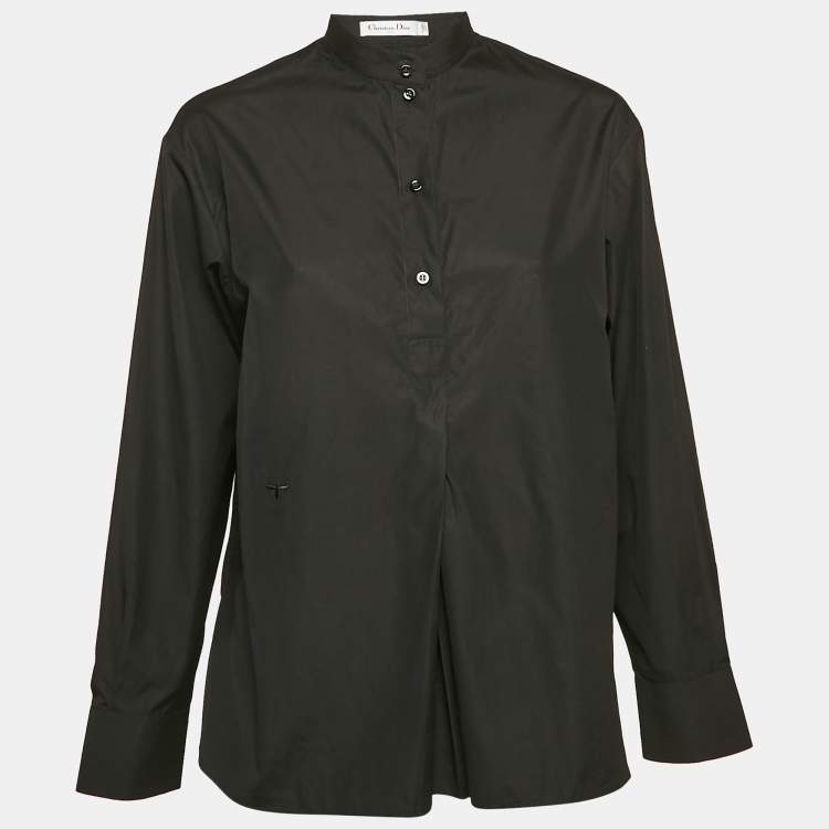 Pre Owned Christian Dior Black Cotton Pleated Half Placket Blouse M