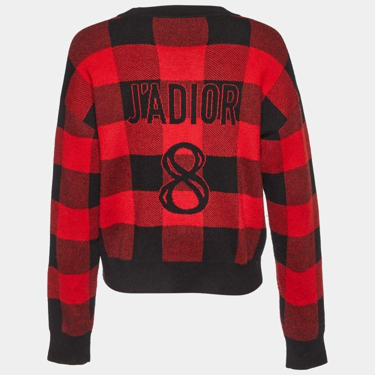 Pre Owned Dior Red/Black Checked Cashmere Crew Neck Sweater S