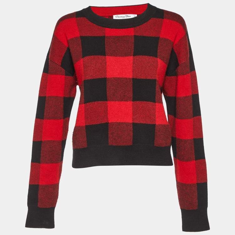 Pre Owned Dior Red/Black Checked Cashmere Crew Neck Sweater S