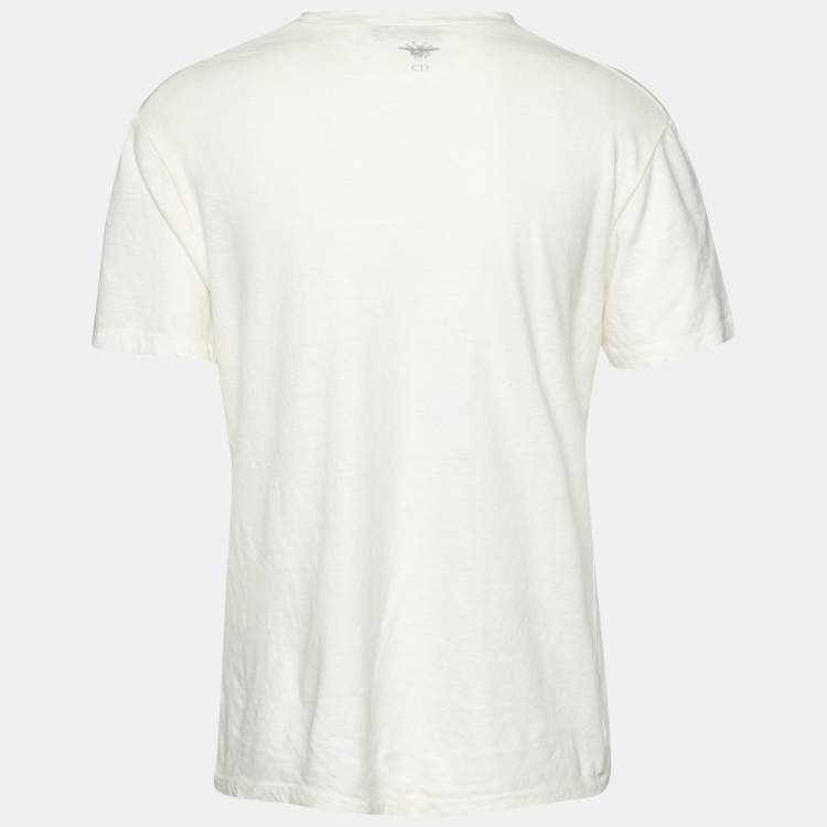 Pre Owned Dior Ivory Slogan Print Cotton & Linen Crew Neck T-Shirt M