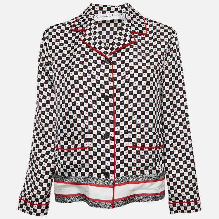 Pre Owned Dior Black/White Heart & Check Print Silk DiorAmour Pajama Shirt S