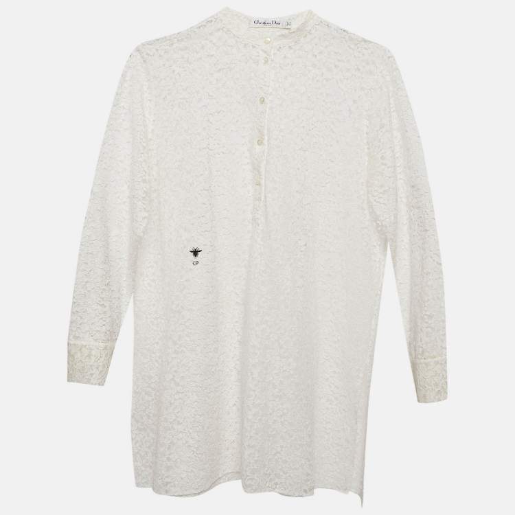 Pre Owned Christian Dior White Lace Sheer Tunic Top L