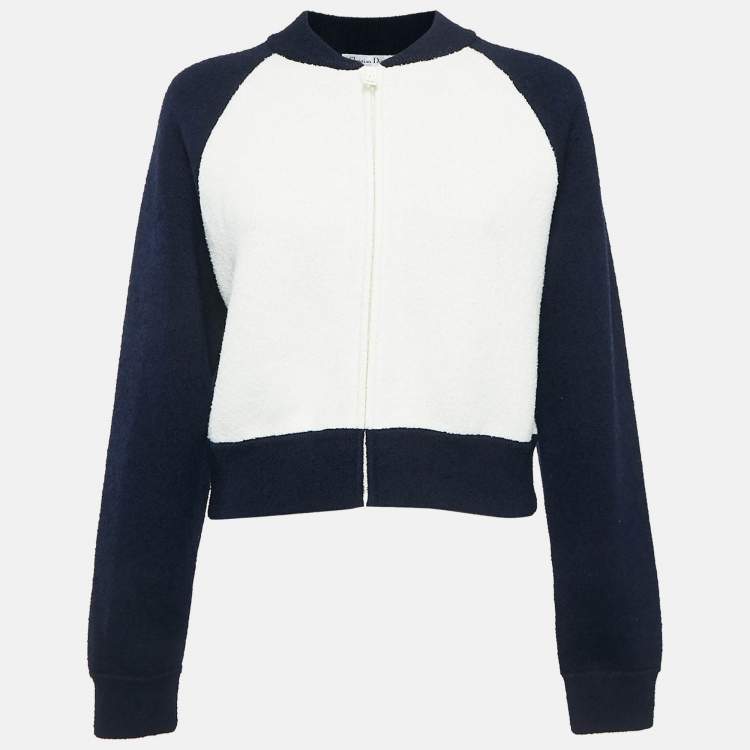 Pre Owned Dior Navy Blue/White Wool Knit Raglan Sleeve Bomber Jacket M