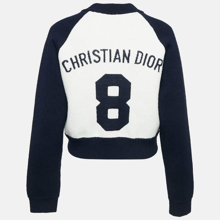 Pre Owned Dior Navy Blue/White Wool Knit Raglan Sleeve Bomber Jacket M