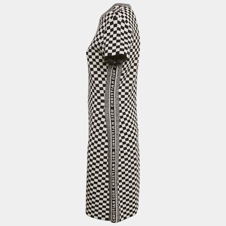 Pre Owned Dior Black/White Check Pattern Jersey Bodycon Midi Dress M