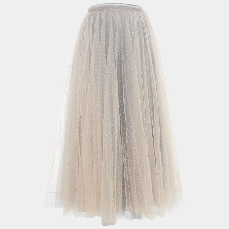 Pre Owned Christian Dior Light Pink & Grey Polka Dot Tulle Maxi Skirt S