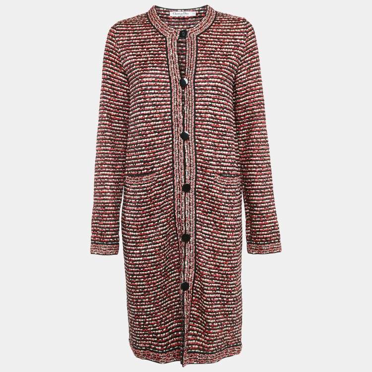 Pre Owned Christian Dior Red/Black Tweed Long Cardigan M