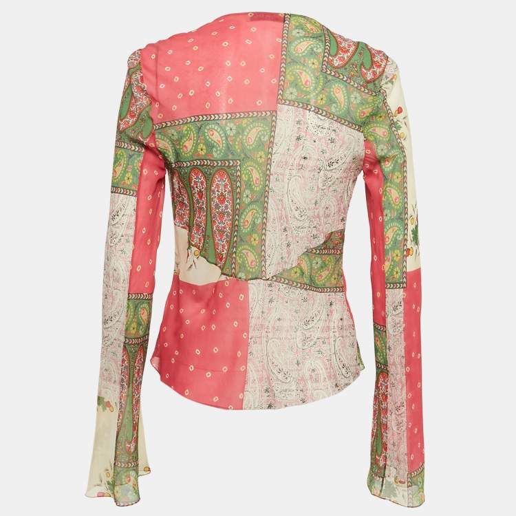Pre Owned Christian Dior Multicolor Printed Silk Ruffle Detail Blouse L