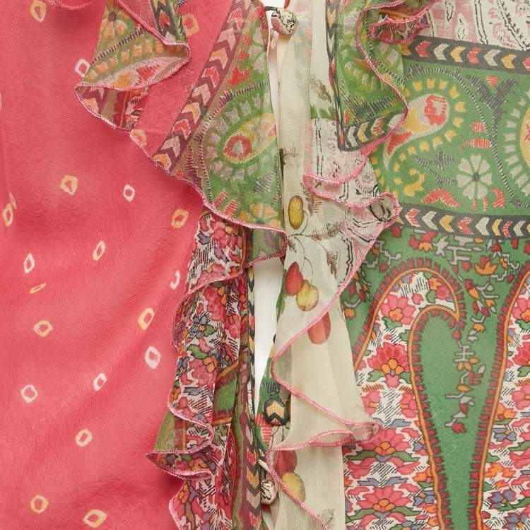 Pre Owned Christian Dior Multicolor Printed Silk Ruffle Detail Blouse L