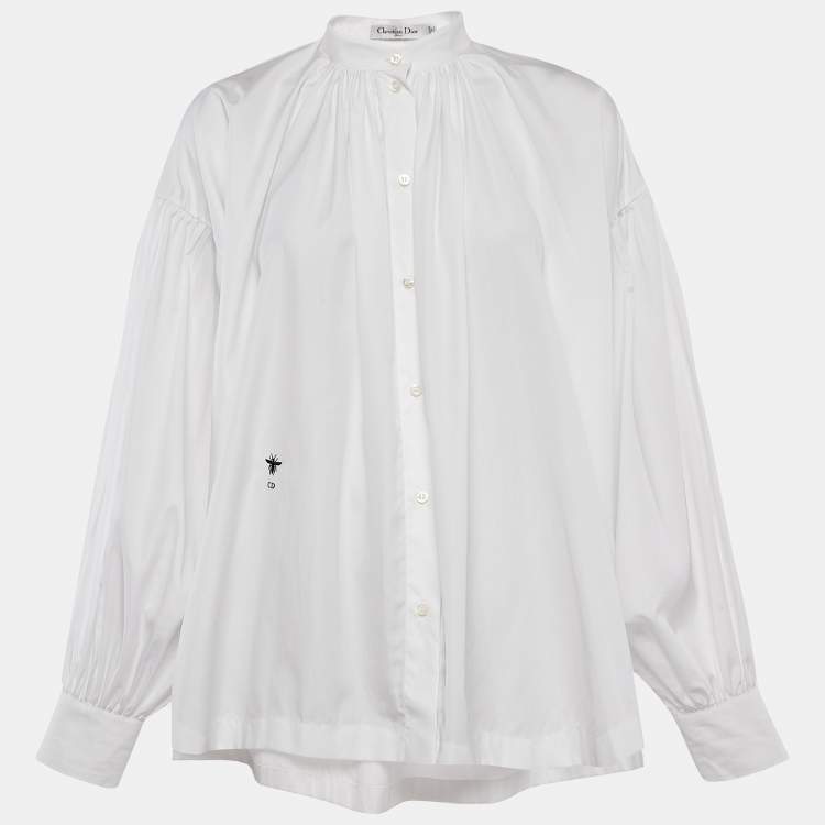 Pre Owned Dior White Cotton Button Front Puff Sleeve Blouse M
