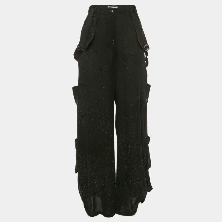 Pre Owned Christian Dior Black Sparkled Silk Belt Detail Trousers M