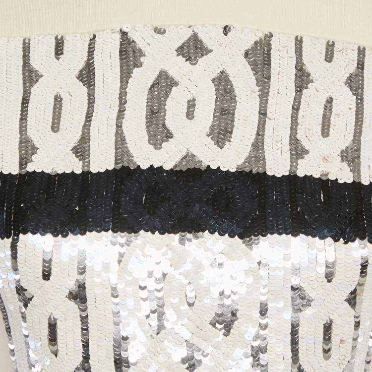 Pre Owned Christian Dior Cream Sequin Embellished Wool Jersey Flared Mini Dress S