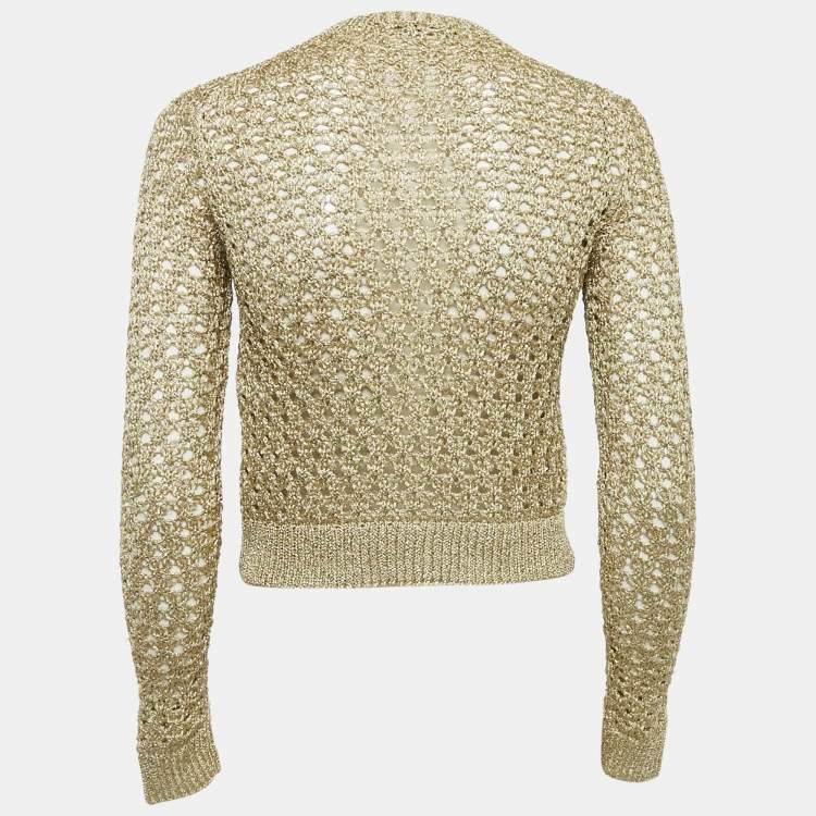 Pre Owned Christian Dior Gold Lurex Crochet Crop Cardigan S