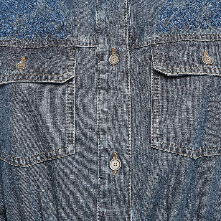 Pre Owned Dior Blue Butterfly Embroidery Denim Belted Button Front Long Dress L
