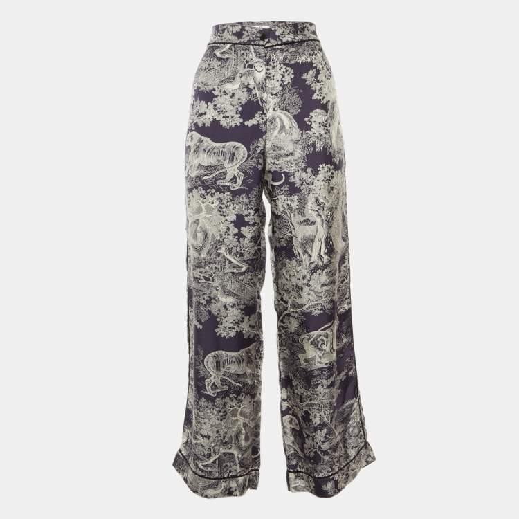 Pre Owned Dior Navy Blue Toile de Jouy Print Silk Pants M