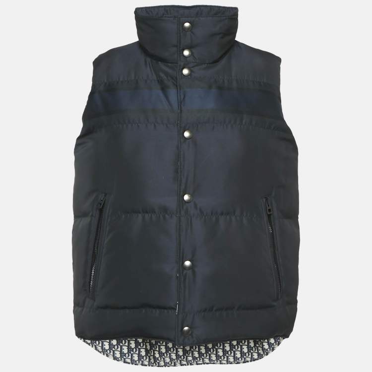 Pre Owned Dior Navy Blue Oblique Jacquard Zip-Up Reversible Puffer Vest Jacket S