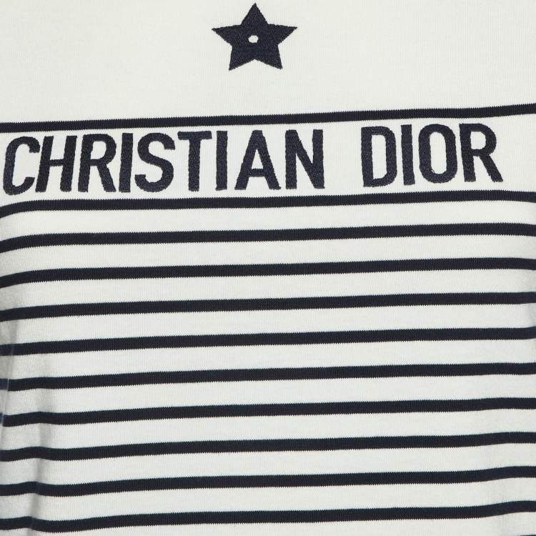 Pre Owned Dior White Logo Striped Cotton Long Sleeve T-Shirt S