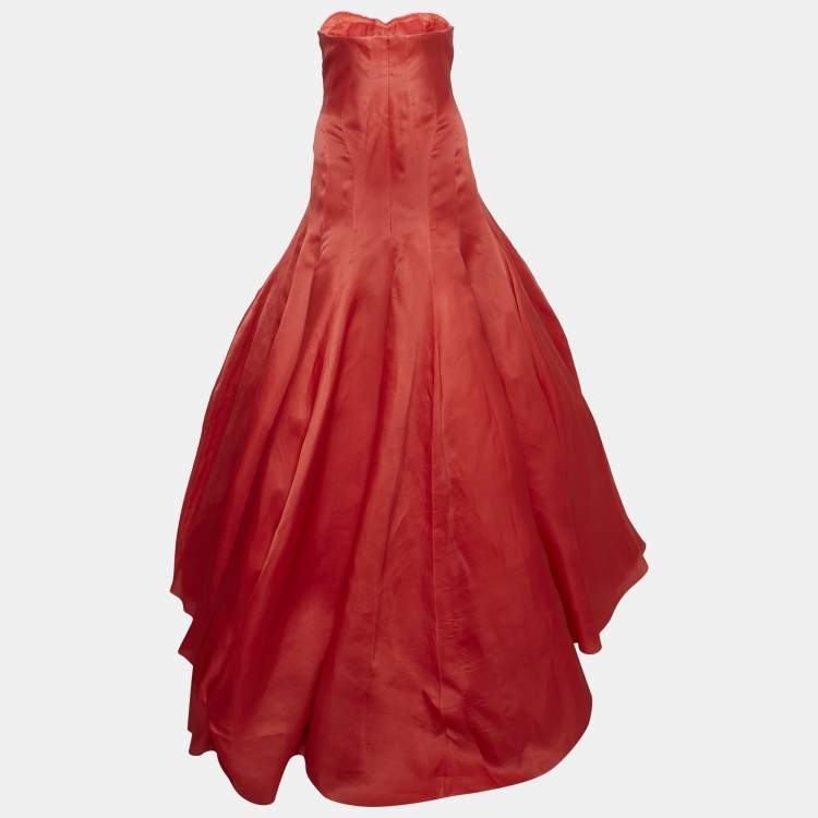 Pre Owned Christian Dior Haute Couture Red Silk Strapless Gown XS