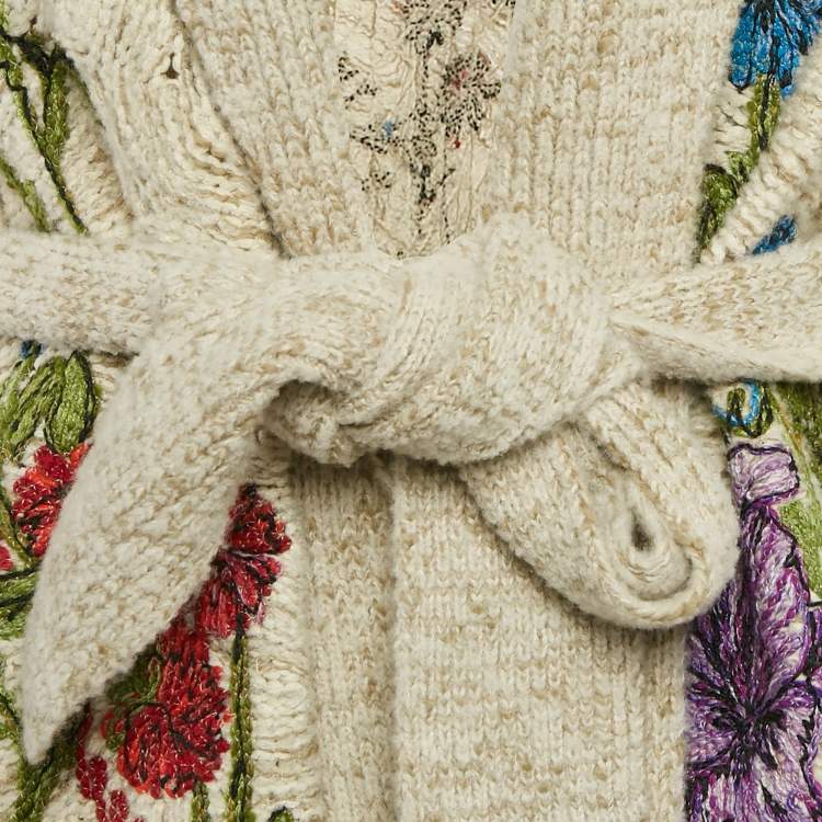 Pre Owned Christian Dior Beige Floral Embroidered Knit Fringed Cardigan S