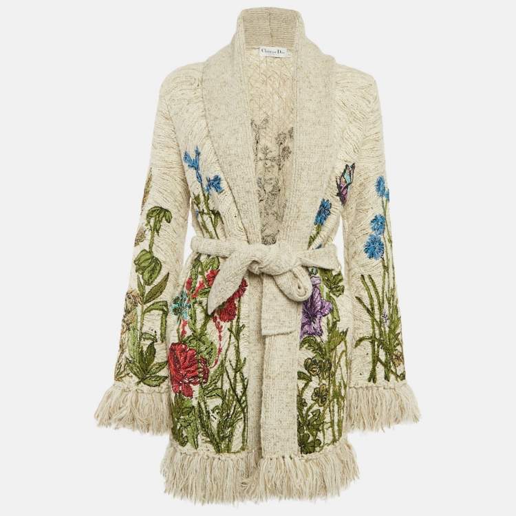 Pre Owned Christian Dior Beige Floral Embroidered Knit Fringed Cardigan S
