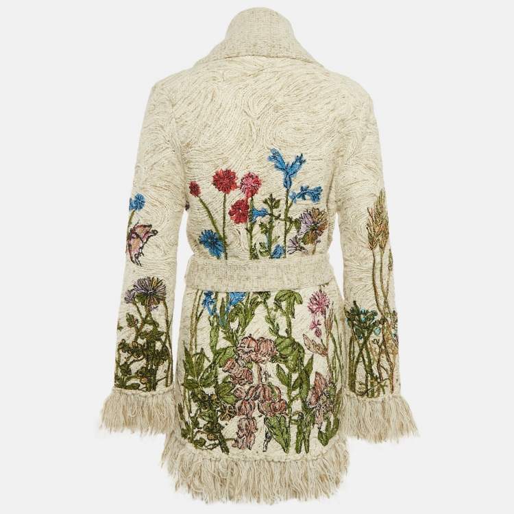 Pre Owned Christian Dior Beige Floral Embroidered Knit Fringed Cardigan S